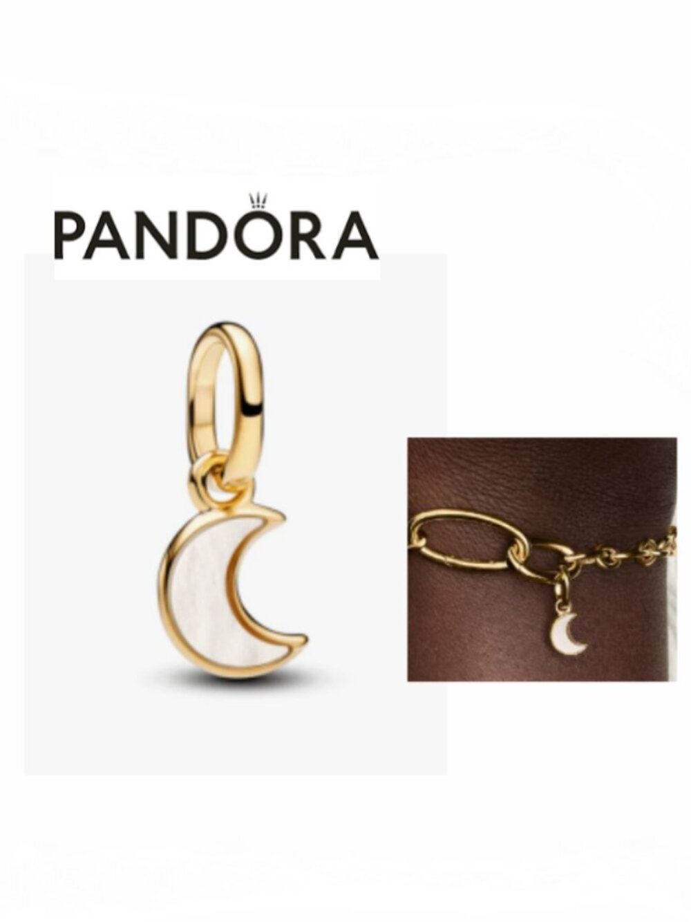 New Gold White Moon Crescent Charm for Pandora type Bracelet or Chain